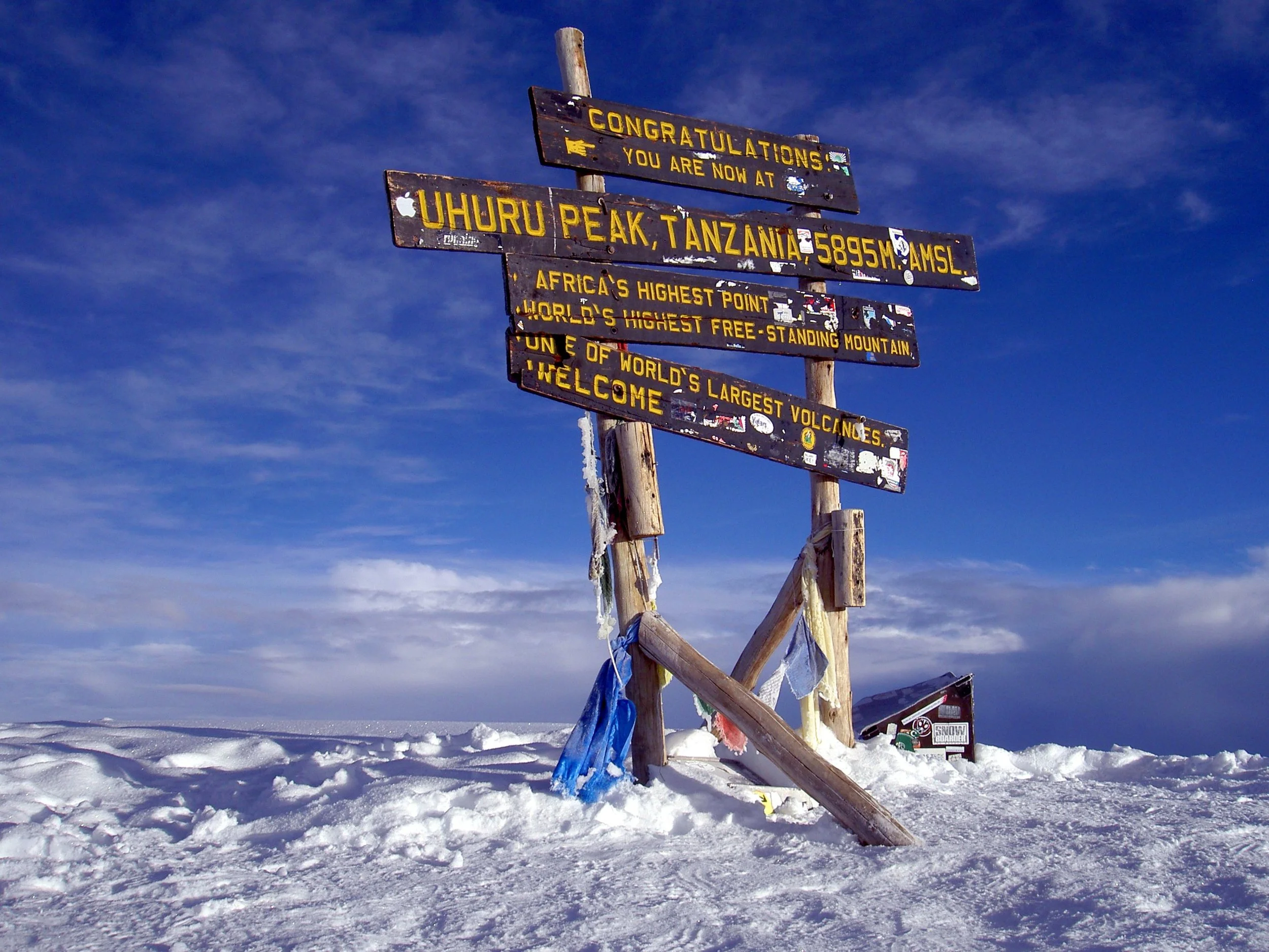 Climbers celebrating at the Uhuru Peak summit sign, the highest point in Africa